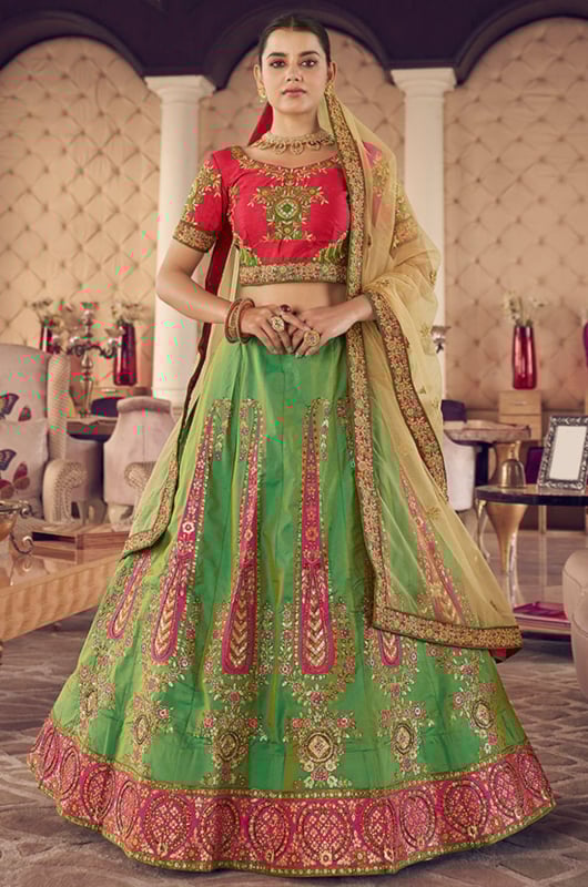 Kelly Green Embroidered Jacquard Silk Designer Lehenga Choli for Wedding