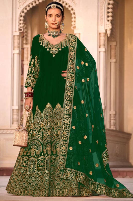 Kelly Green Heavy Embroidered Velvet Anarkali Suit