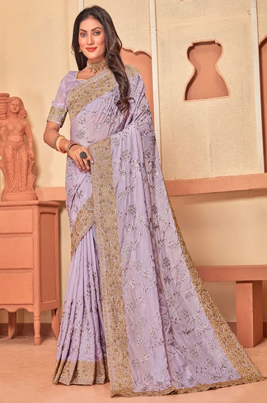Lavender Crape Silk Resham Embroidered Saree