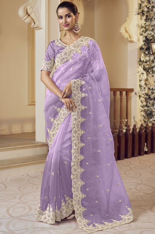 Lavender Designer Embroidered Saree for Wedding