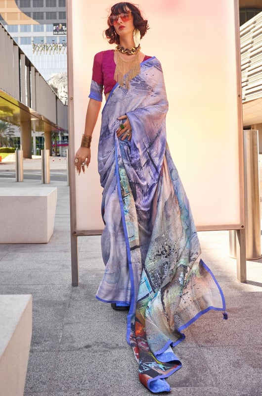 Lavender Digital Print Swiss Satin Saree
