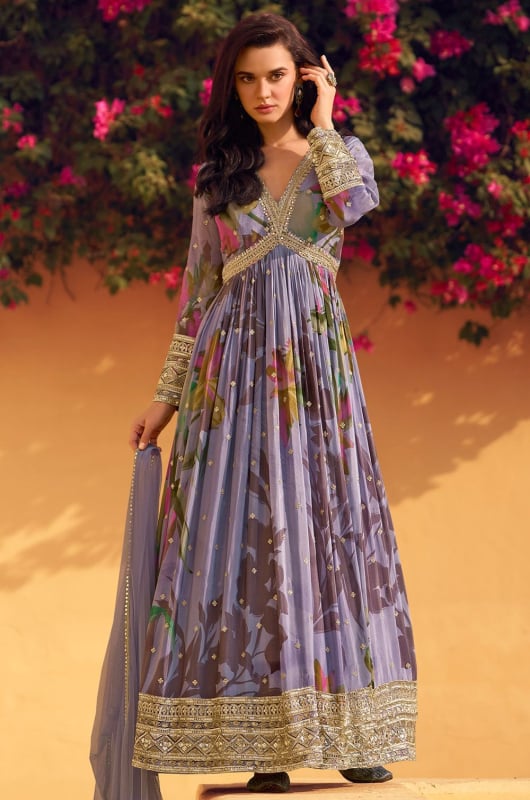Lavender Embroidered Chinnon Silk Gown with Dupatta for Festival