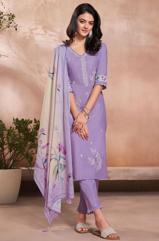 Lavender Embroidered Cotton Readymade Pant Kameez