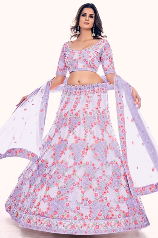 Lavender Embroidered Net Lehenga Choli Set for Wedding