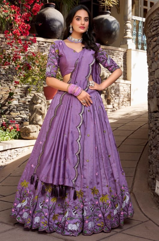 Lavender Embroidered Shimmer Silk Lehenga Choli