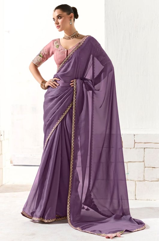 Lavender Embroidered Tissue Designer Saree
