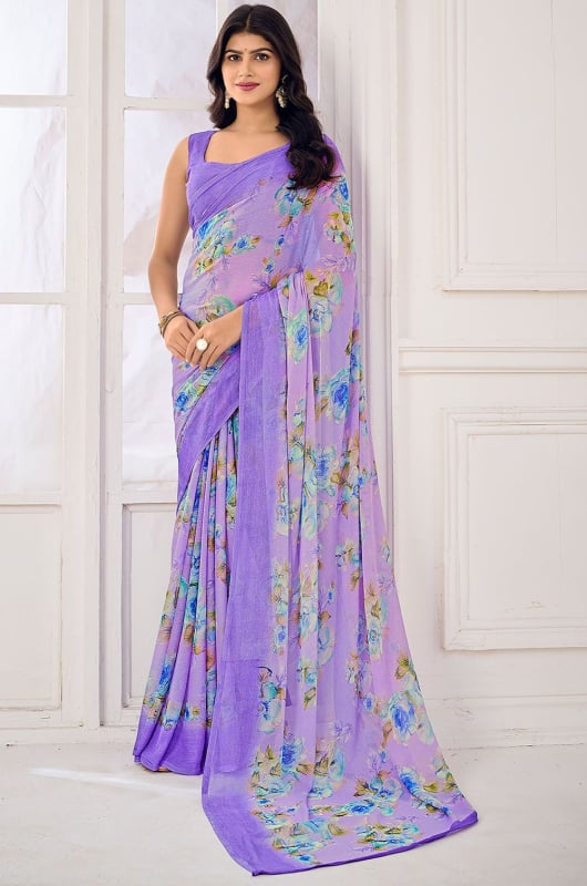 Lavender Floral Print Chiffon Saree