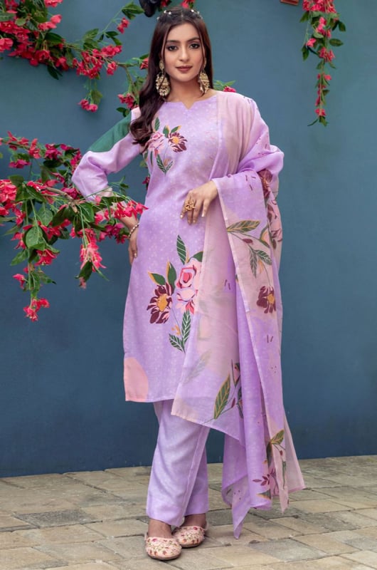 Lavender Floral Print Cotton Blend Pant Kameez