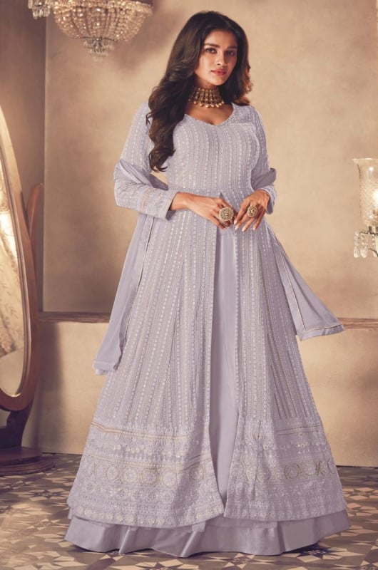 Lavender Resham Embroidered Georgette Lehenga Kameez