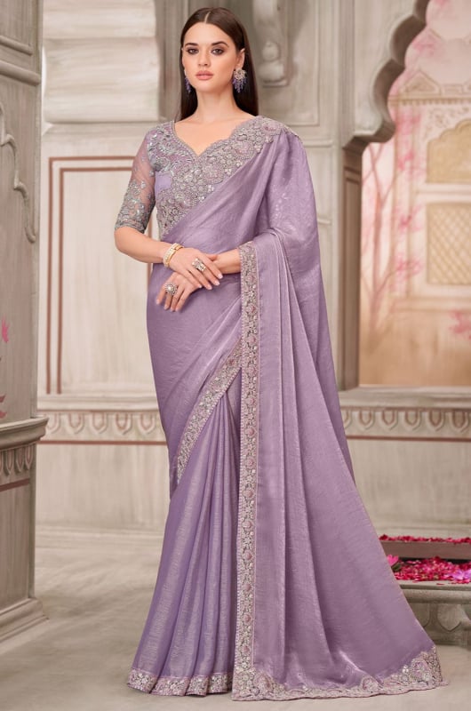 Lavender Silk Chiffon Saree with Embroidered Blouse