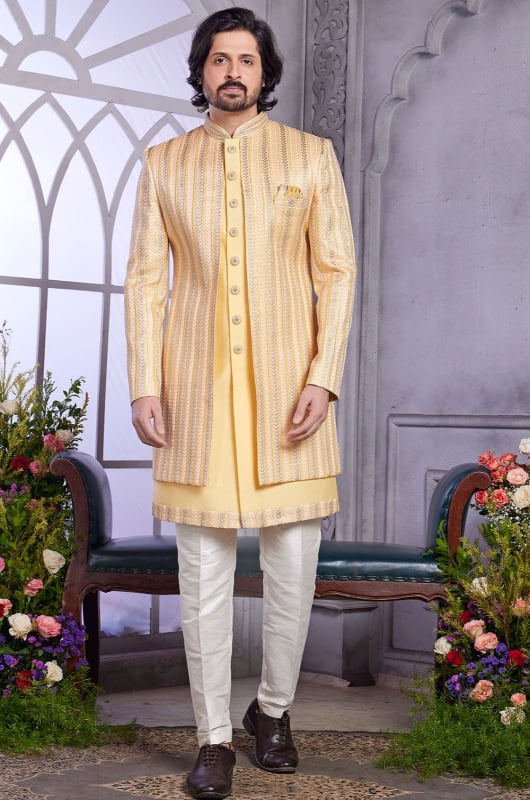 Lemon Yellow Embroidered Art Silk Indo Western