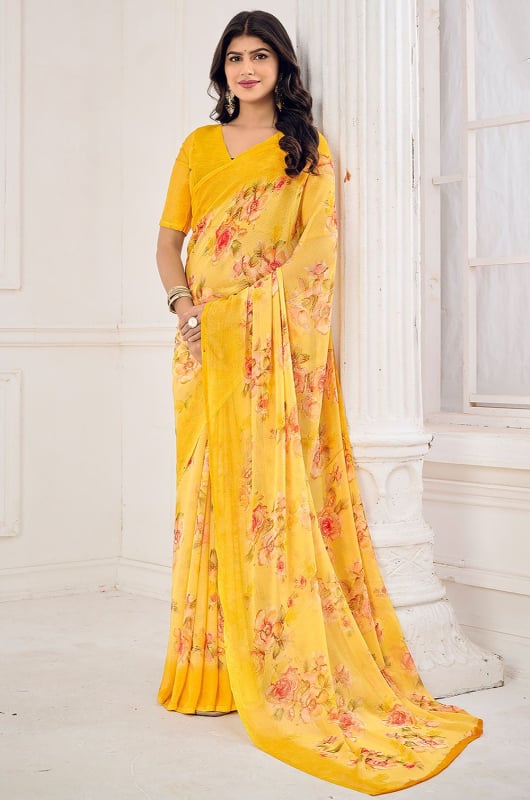 Lemon Yellow Floral Print Chiffon Saree