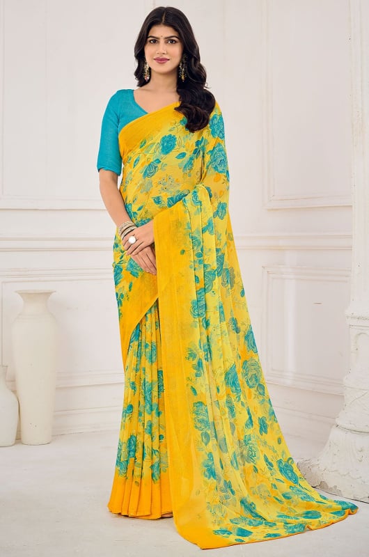Lemon Yellow Floral Print Chiffon Saree