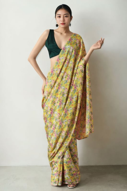 Lemon Yellow Printed Chinnon Partywear Saree