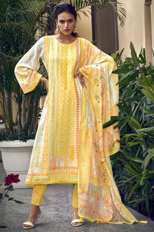 Lemon Yellow Printed Pure Muslin Pant Kameez