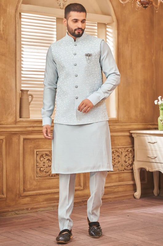 Light Grey Art Silk Kurta with Aligadhi Pant and Jacket
