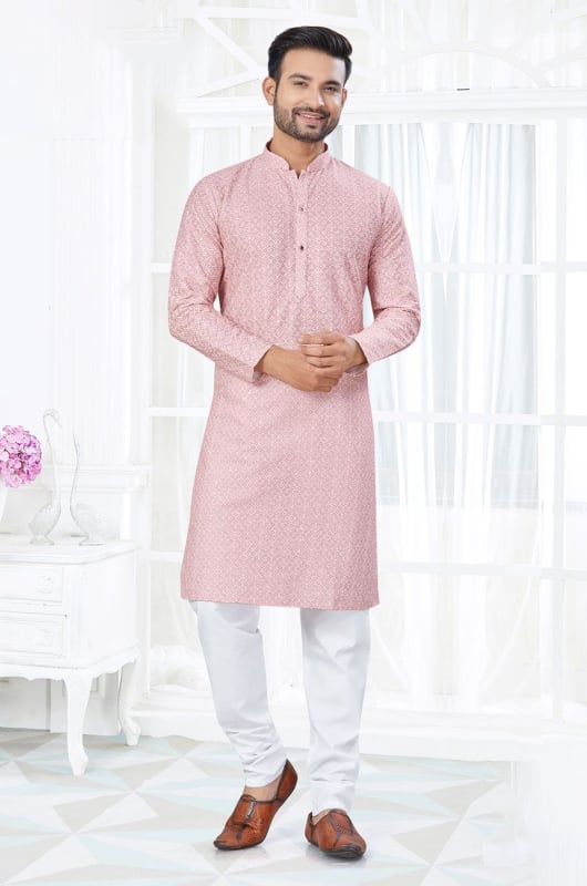 Light Pink Cotton Lukhnowi Work Kurta Set