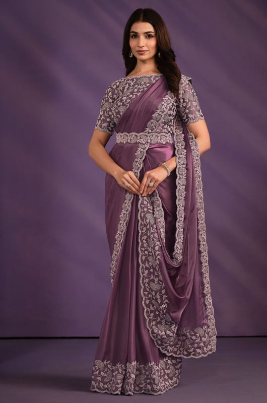 Light Purple Crepe Satin Silk Ready to Wear Saree