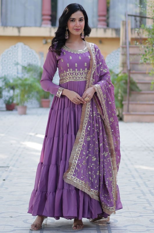 Lilac Embroidered Georgette Anarkali Gown with Dupatta