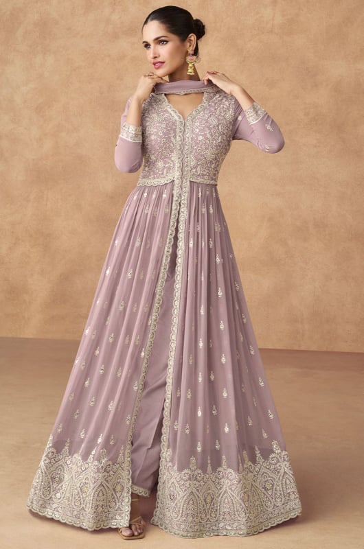 Lilac Embroidered Georgette Designer Pant Kameez