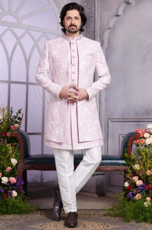 Lilac Pink Embroidered Art Silk Indo Western