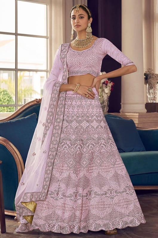 Lilac Pink Embroidered Crepe Designer Lehenga Choli for Wedding
