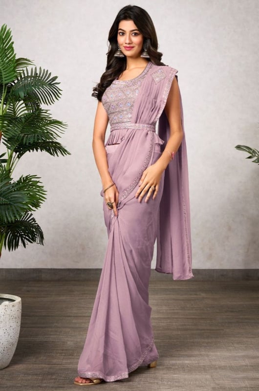Lilac Pink Embroidered Shimmer Georgette Ready to Wear Saree
