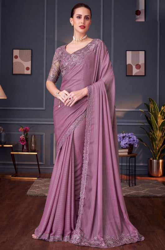 Lilac Pink Embroidered Shimmer Silk Designer Saree