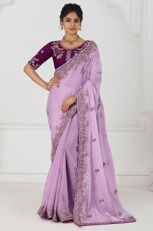 Lilac Pink Handwork Pure Fendy Silk Designer Saree