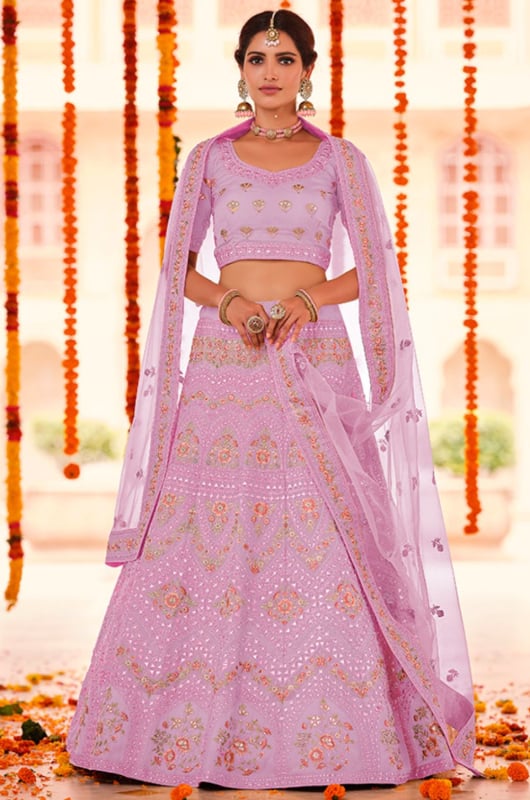 Lilac Pink Organza Bridal Lehenga Choli for Wedding