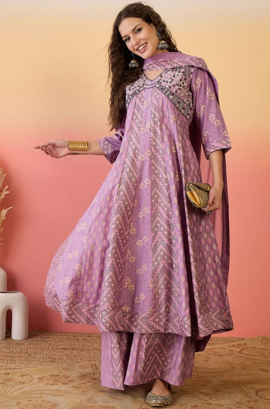 Lilac Pink Roman Silk Readymade Palazzo Kameez