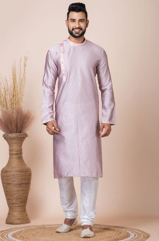 Lilac Pink Self Jacquard Silk Kurta Set