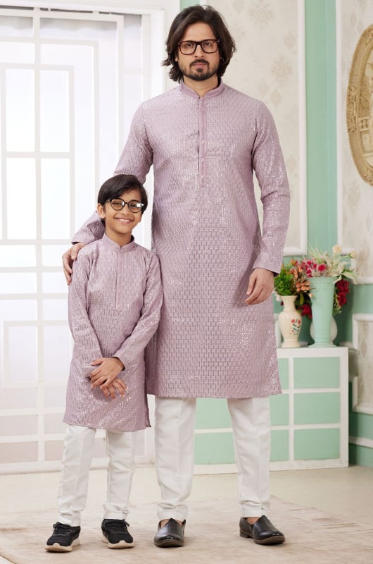 Lilac Sequins Embroidered Art Silk Kurta Set Combo