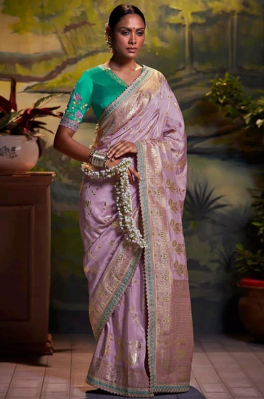 Lilac Silk Saree with Embroidered Blouse for Ceremonial