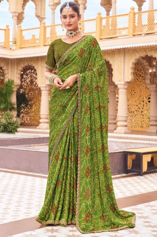 Lime Green Bandhani Print Georgette Chiffon Saree