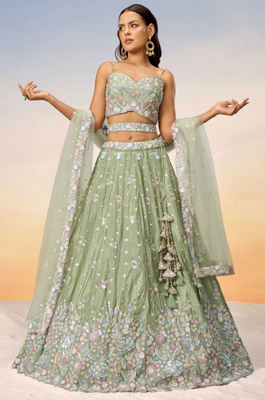 Lime Green Embroidered Designer Lehenga Choli Set for Ceremonial