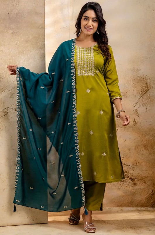 Lime Green Silk Blend Readymade Pant Kameez