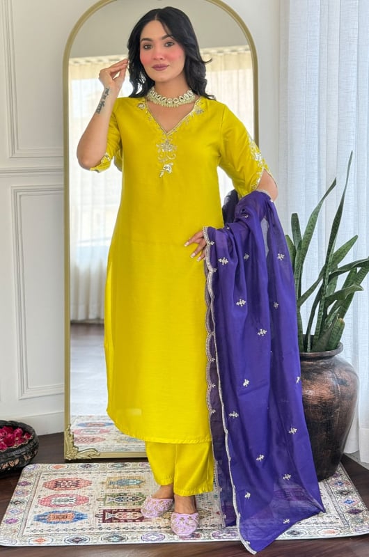 Lime Yellow Embroidered Viscose Chanderi Readymade Suit