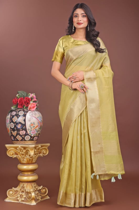 Lime Yellow Organza Printed Saree