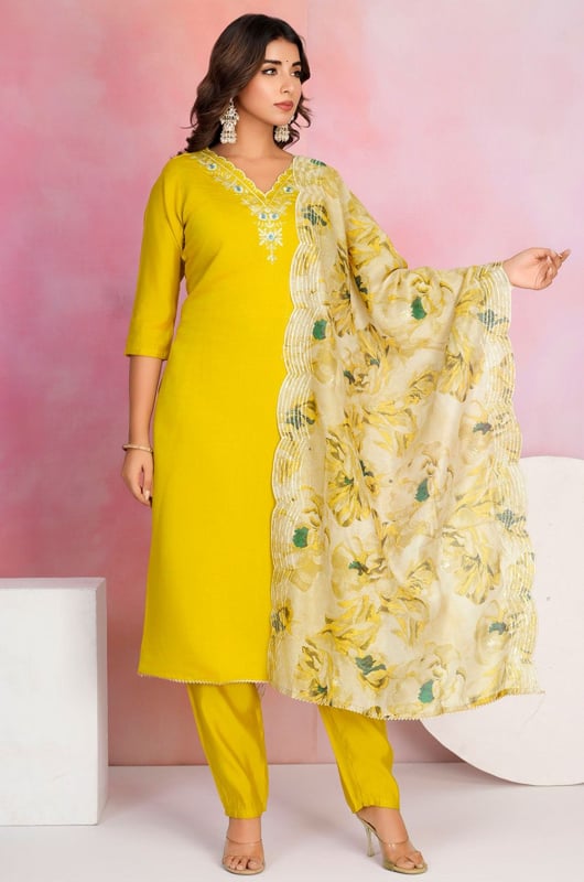 Lime Yellow Viscose Chanderi Readymade Pant Kameez