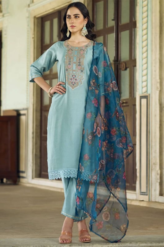 Livid Blue Embroidered Viscose Rayon Readymade Suit