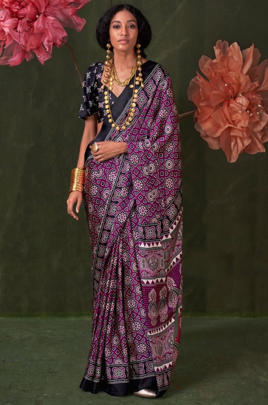 Magenta Ajrakh Print Satin Crepe Saree