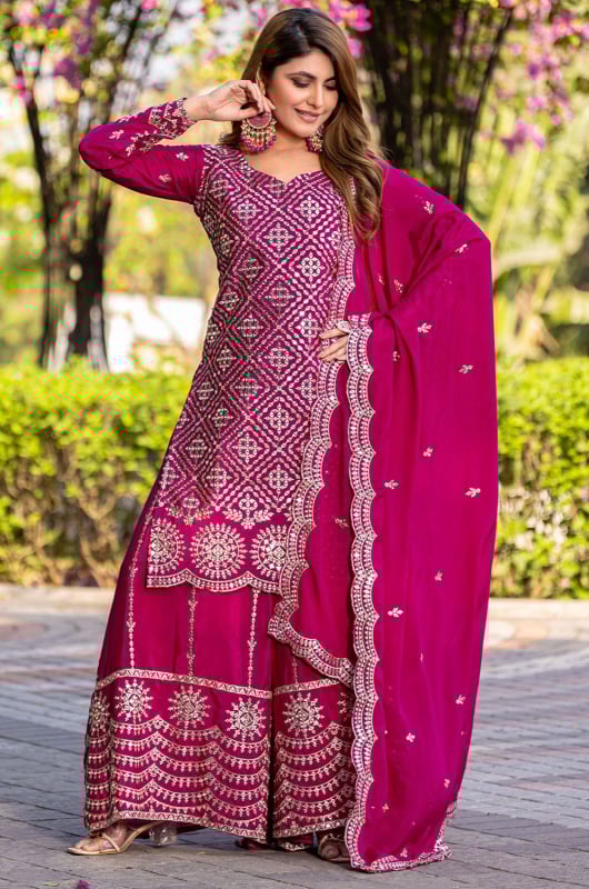 Magenta Embroidered Chinnon Palazzo Kameez