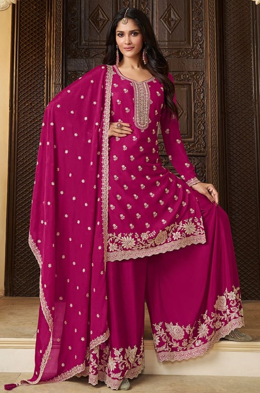Magenta Embroidered Chinnon Readymade Palazzo Kameez