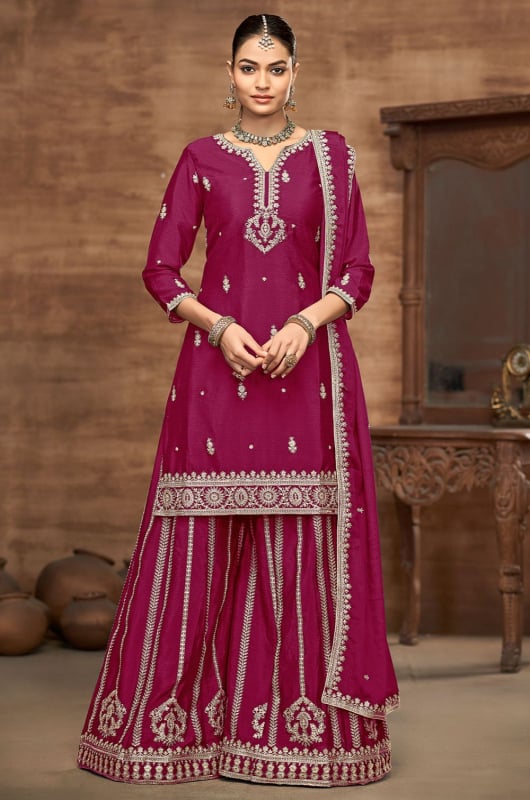Magenta Embroidered Chinnon Silk Palazzo Kameez