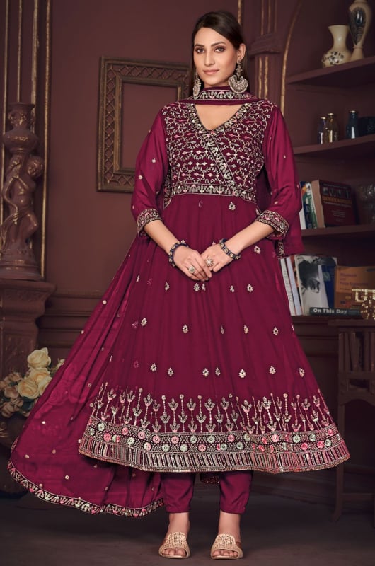 Magenta Embroidered Georgette Anarkali Suit