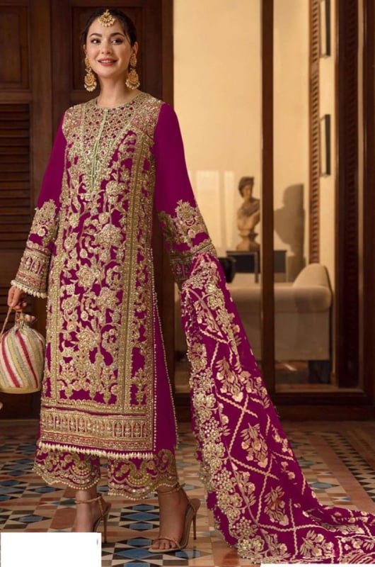 Magenta Embroidered Georgette Trouser Kameez