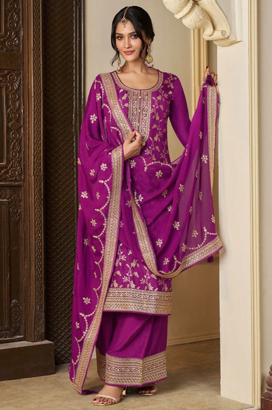 Magenta Embroidered Munga Silk Readymade Palazzo Kameez