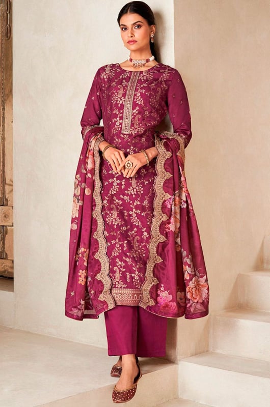 Magenta Embroidered Viscose Dola Silk Trouser Kameez