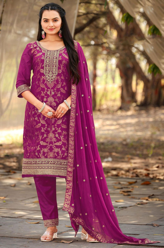 Magenta Embroidered Viscose Jacquard Pant Kameez